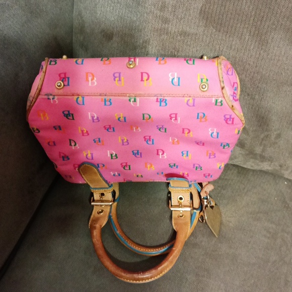 Dooney and Bourke pink multi color DB all over with tan leather handles - Picture 10 of 17